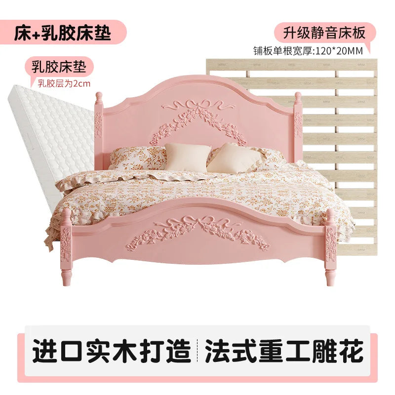 French Solid Wood Bed Pink Princess Bed Girl Bedroom 1.8 Meters 1.5m Double Retro European Carved Bed American