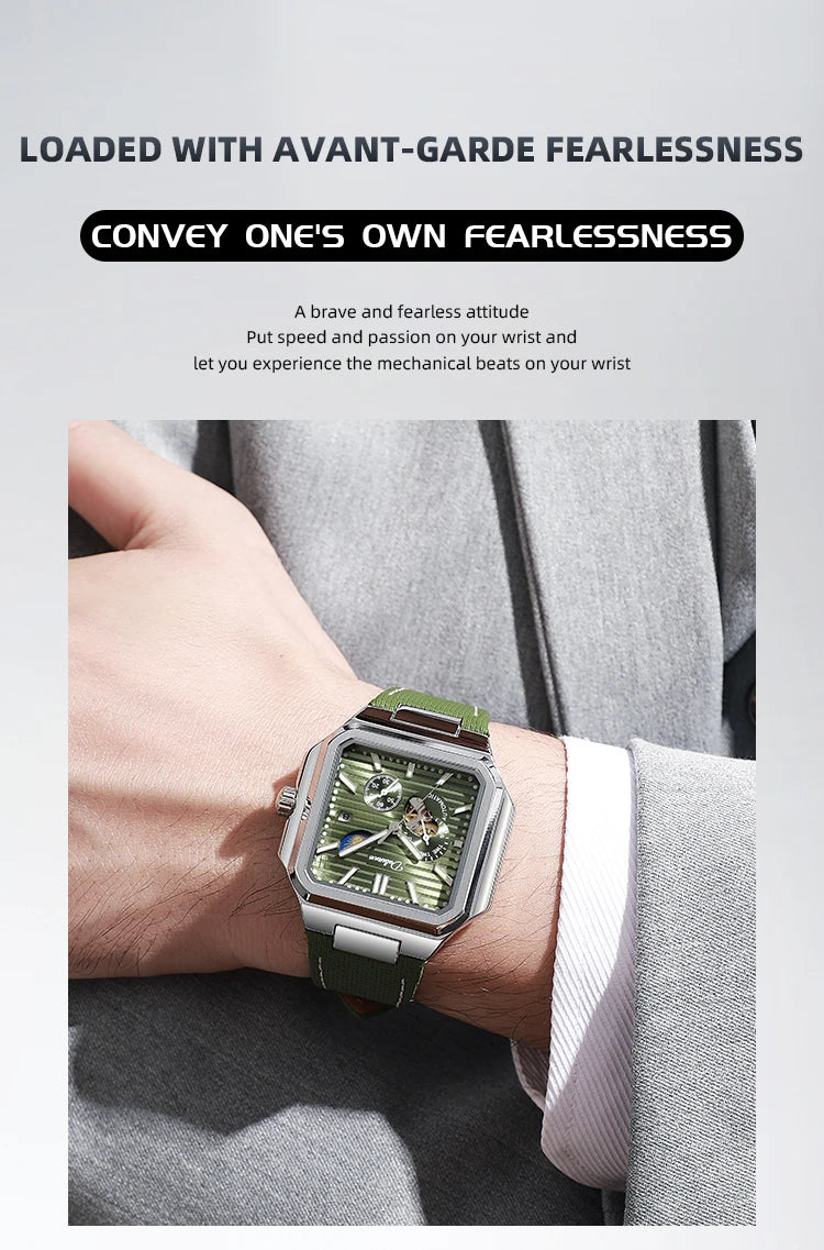 Dulunwe Fashion Men's Watch Automatic Mechanical Multi-function Small Dial Square Design 30M Waterproof Top Brand Wristwatches