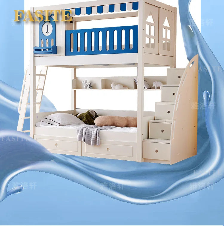 Children's bunk wooden bed Girl with wide and high guardrail with slide Small apartment Castle treehouse bed