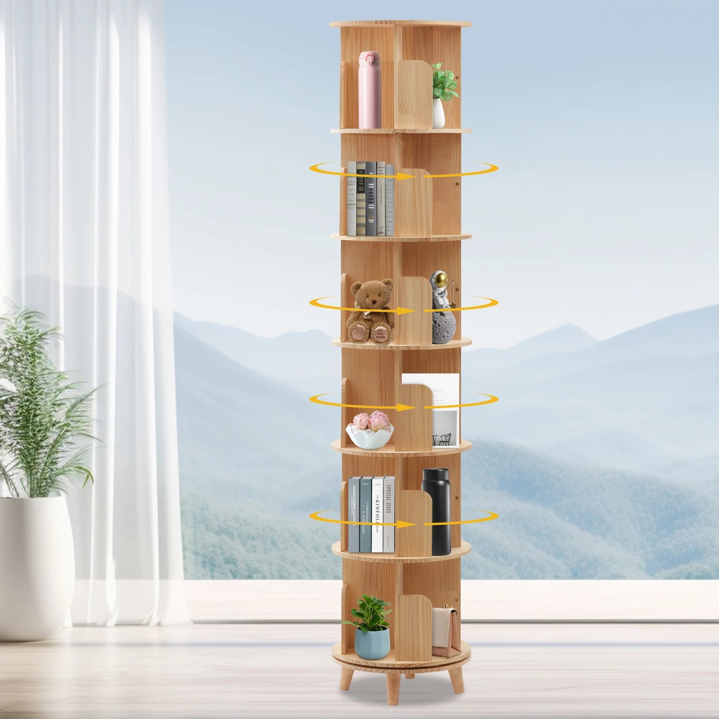 Revolving Bookstand 360° Rotation Pine Wood Adjustable 1-6 Tiers Rotating Bookshelf for Magazines Spinning Bookshelf Tower