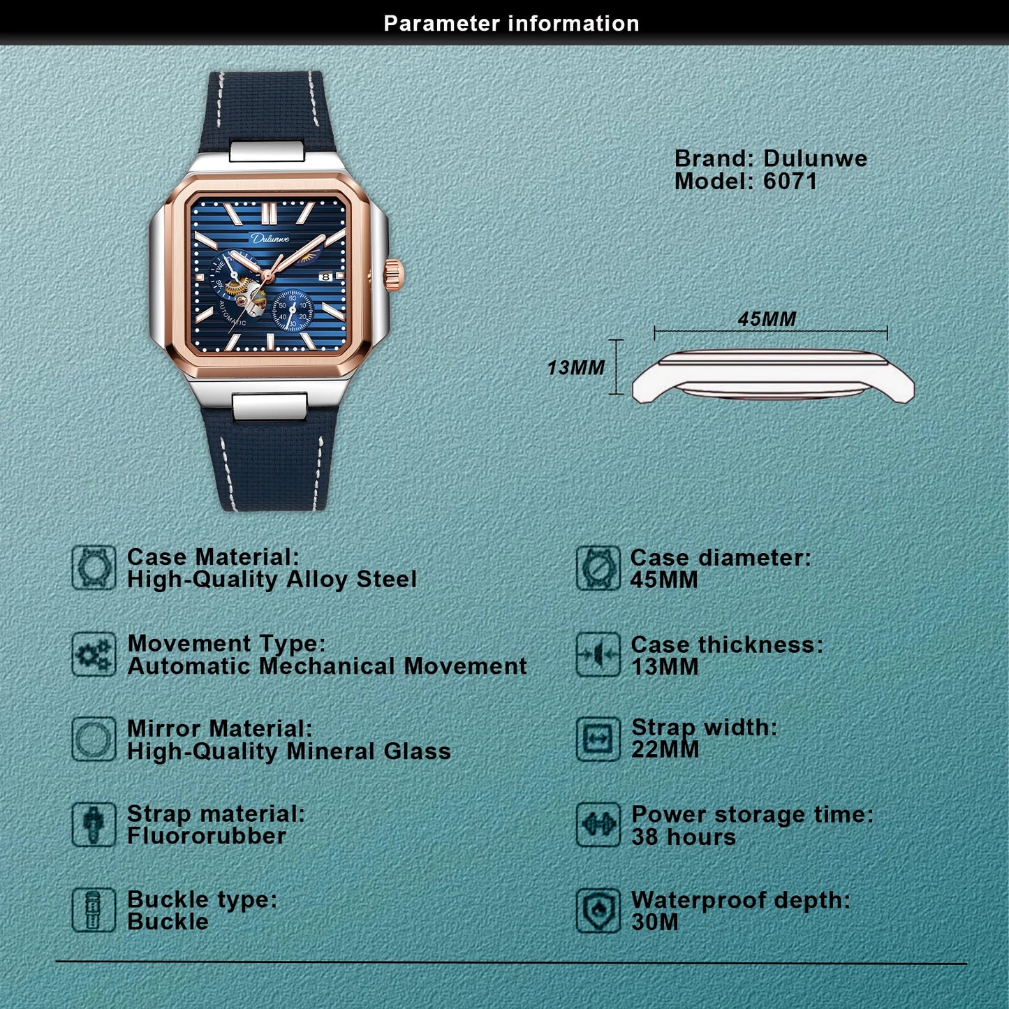 Dulunwe Fashion Men's Watch Automatic Mechanical Multi-function Small Dial Square Design 30M Waterproof Top Brand Wristwatches