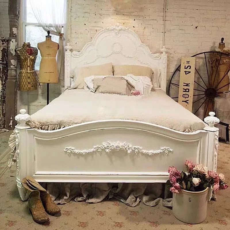American Retro Solid Wood Carved White Double Bed American Country Princess Bed
