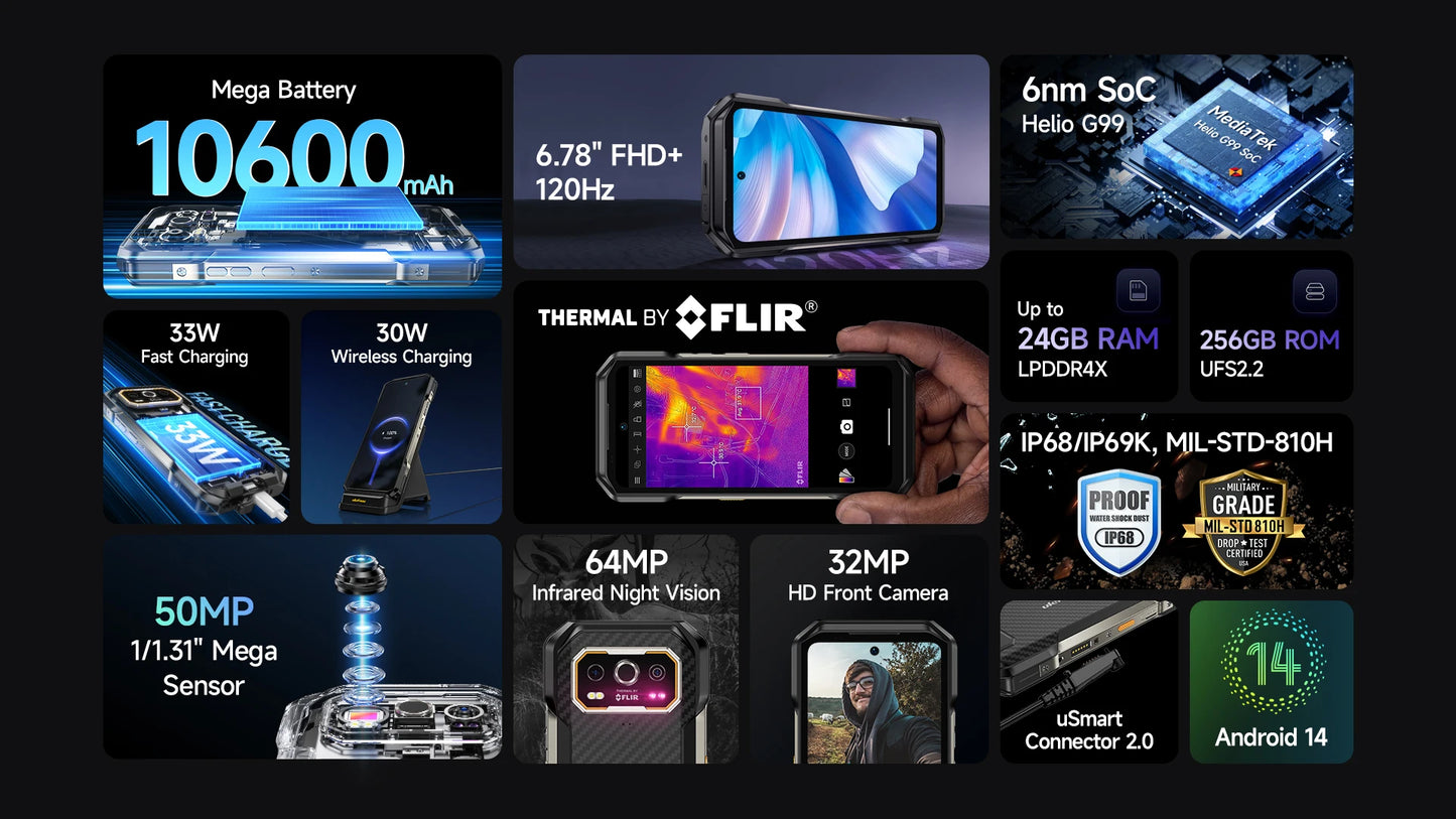 Ulefone Armor 27T 4G THERMAL BY FLIR® Rugged Phone 10600mAh Up to 24GB+256GB 6.78"FHD 120Hz Night Vision Android 14 Smartphone