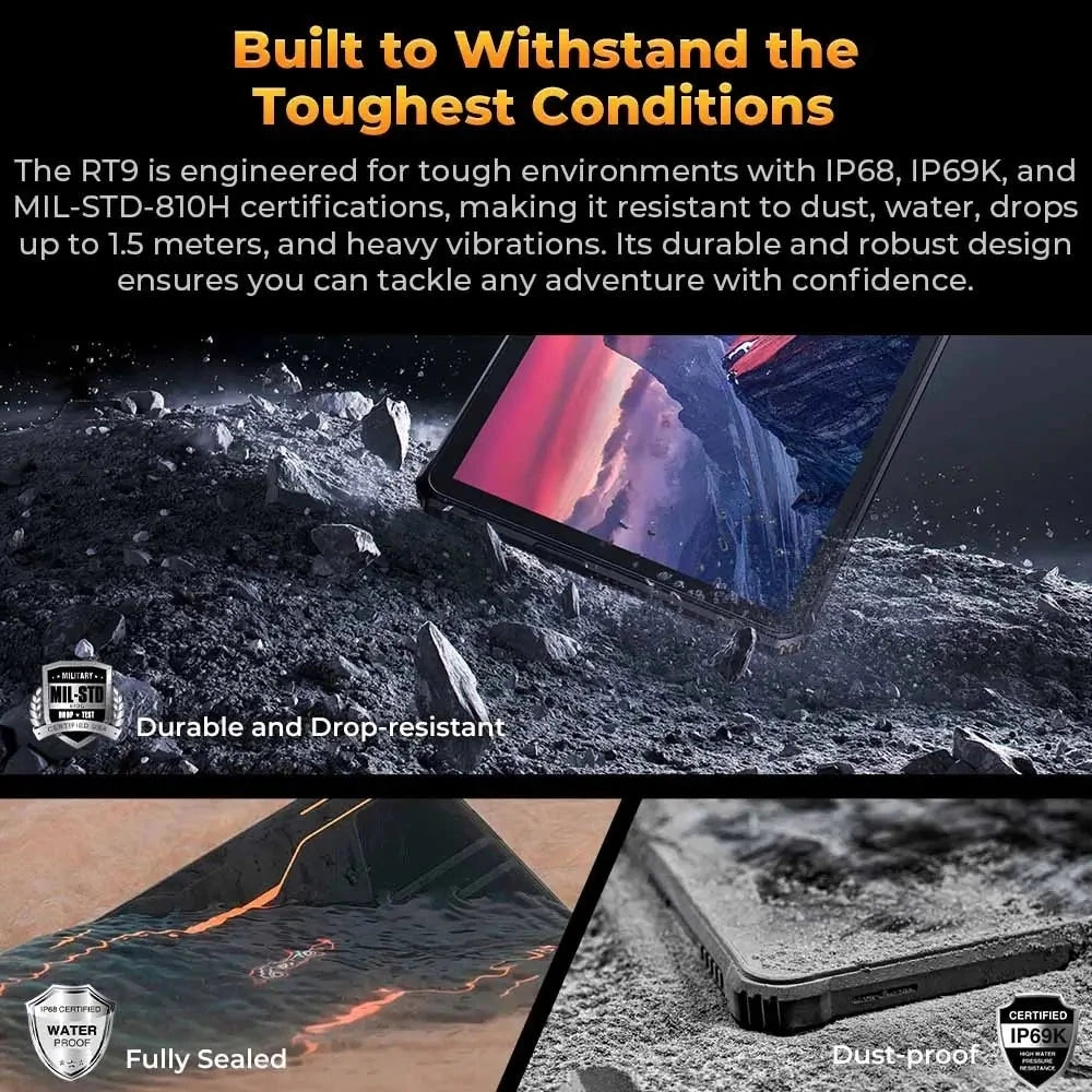 OUKITEL RT9 Rugged Tablet 6GB+256GB 10.1" HD Display Android 14 Unisoc T606 Octa-Core Support Dual SIM 11000mAh IP68 Tablet PC