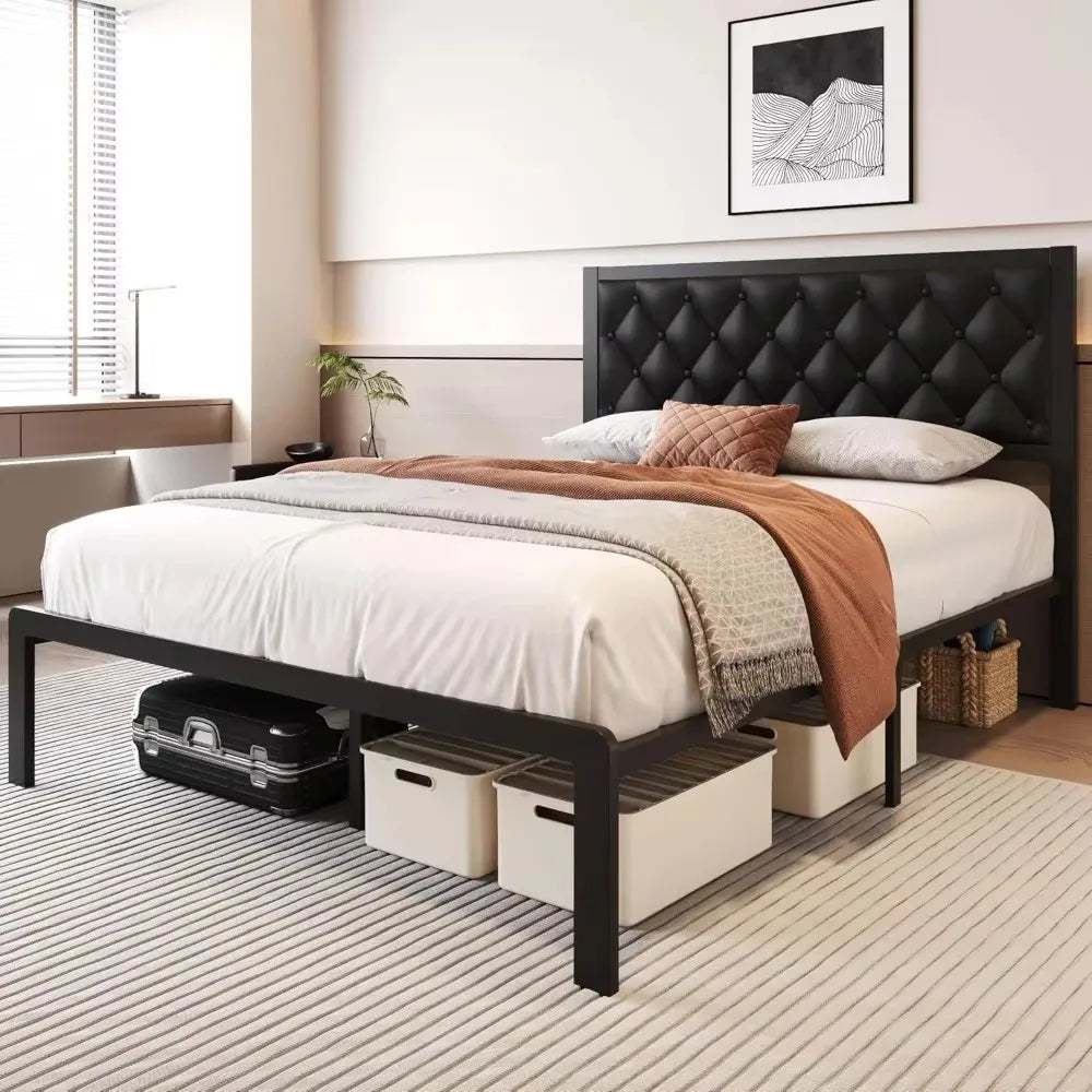 Full Size Bed Frame with Storage Space and PU Leather Upholstered Bed Frame Platform, Easy Assembly, No Box Spring Needed