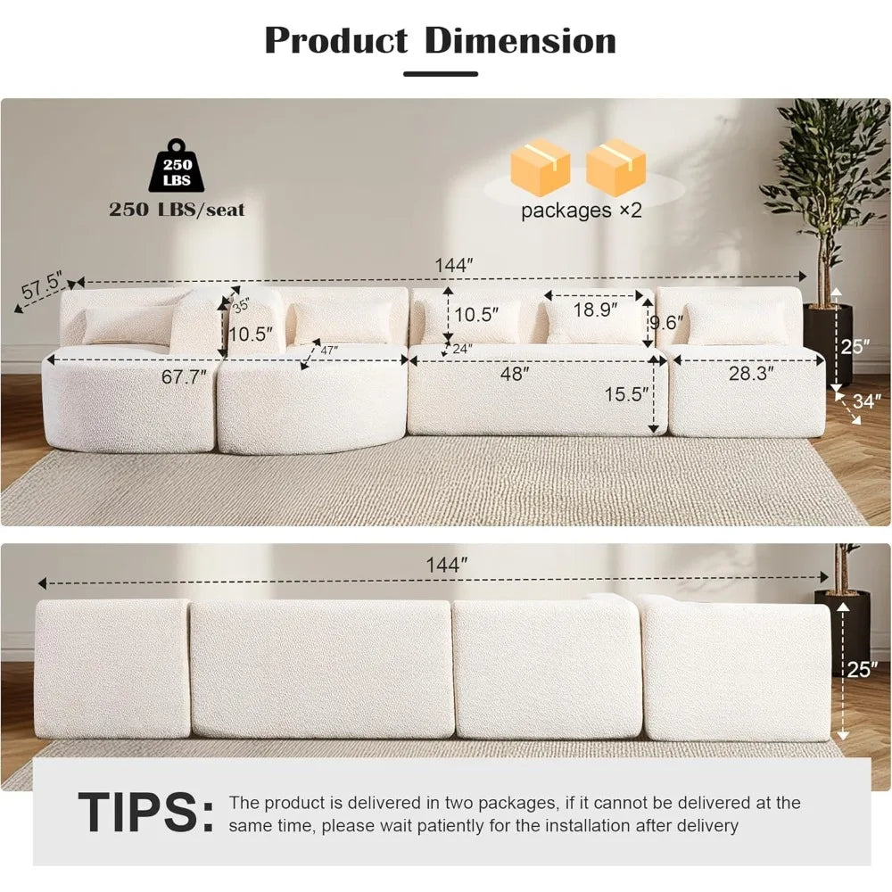 144" Upholstered Sofa, Deep Seat Modern Modular Sofa with 2 Movable Chaise Lounge & 5 Pillows, Free-Combined Couch for Living Ro