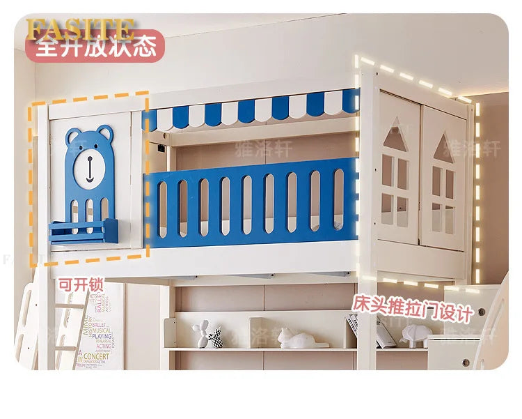 Children's bunk wooden bed Girl with wide and high guardrail with slide Small apartment Castle treehouse bed