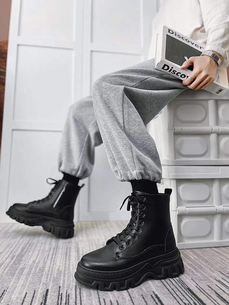 Leather England Black Men's Biker Boot Fashion Young Waterproof Trendy Boots Man Autumn Winter High Top Classic Basic Shoes