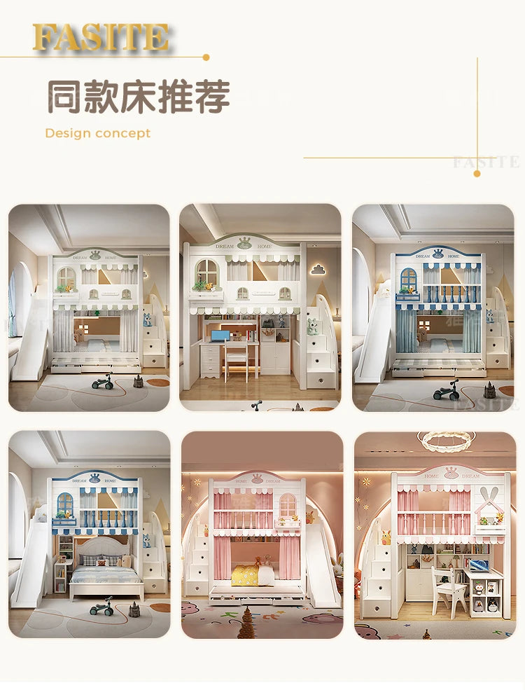 Children's bunk wooden bed Girl with wide and high guardrail with slide Small apartment Castle treehouse bed