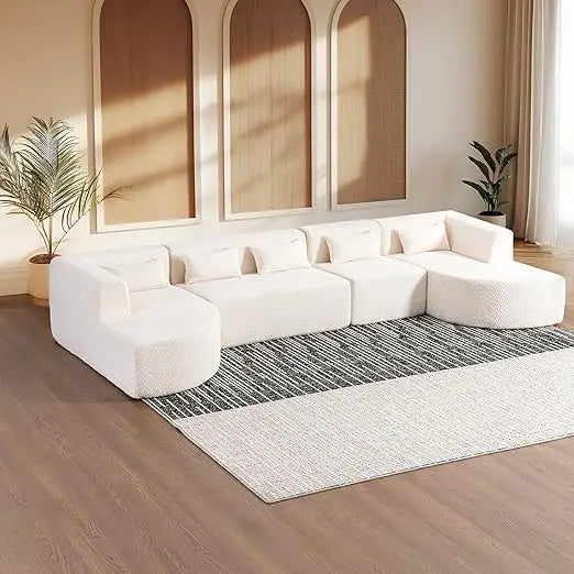 144" Upholstered Sofa, Deep Seat Modern Modular Sofa with 2 Movable Chaise Lounge & 5 Pillows, Free-Combined Couch for Living Ro