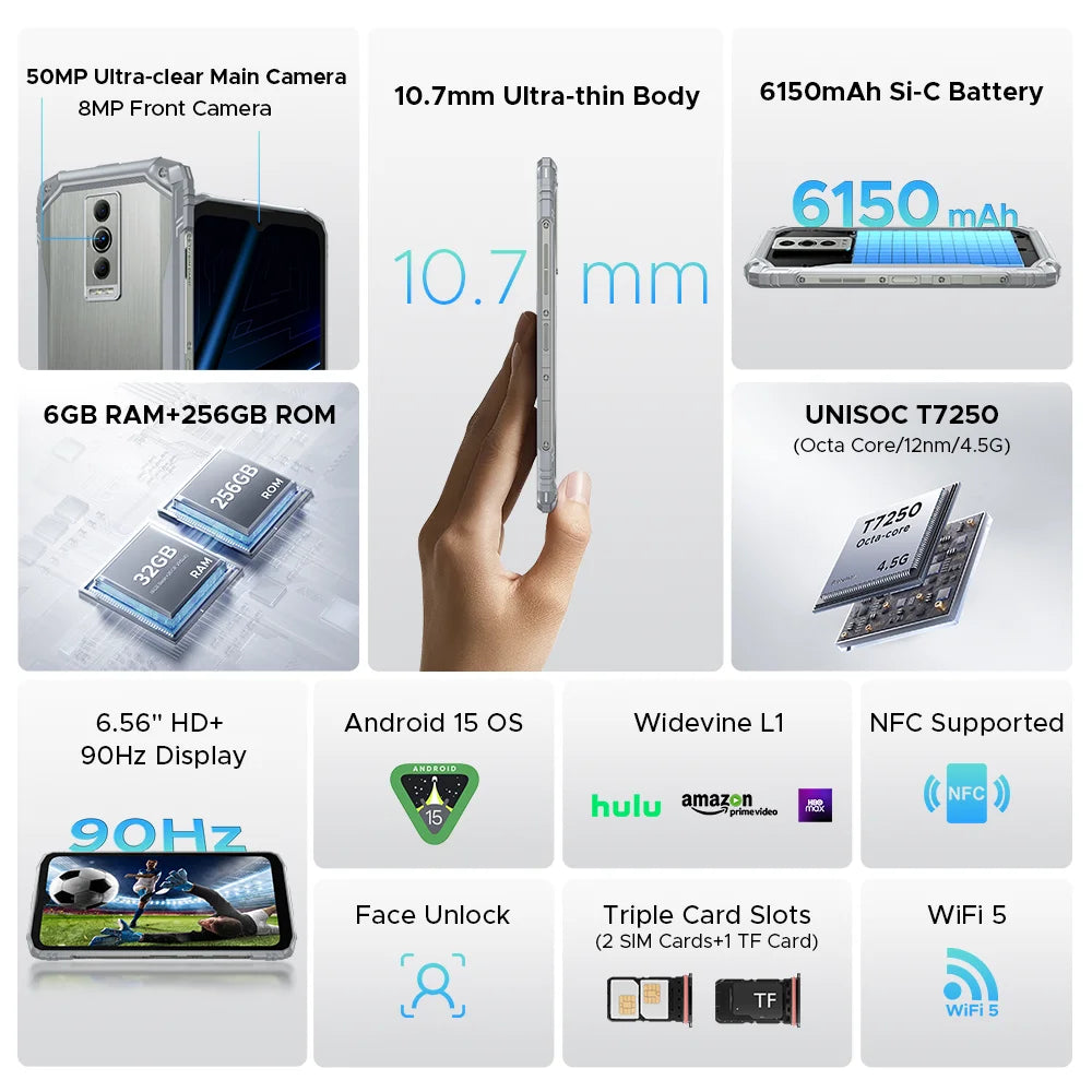 Global Version DOOGEE Blade10 Pro Energy Rugged Phone Gemini AI Android 15 Ultra-thin 6.56'' Screen 6150mAh Battery Smartphone