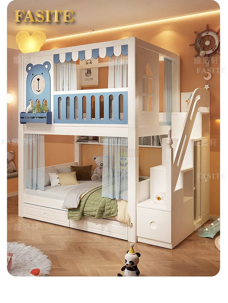 Children's bunk wooden bed Girl with wide and high guardrail with slide Small apartment Castle treehouse bed