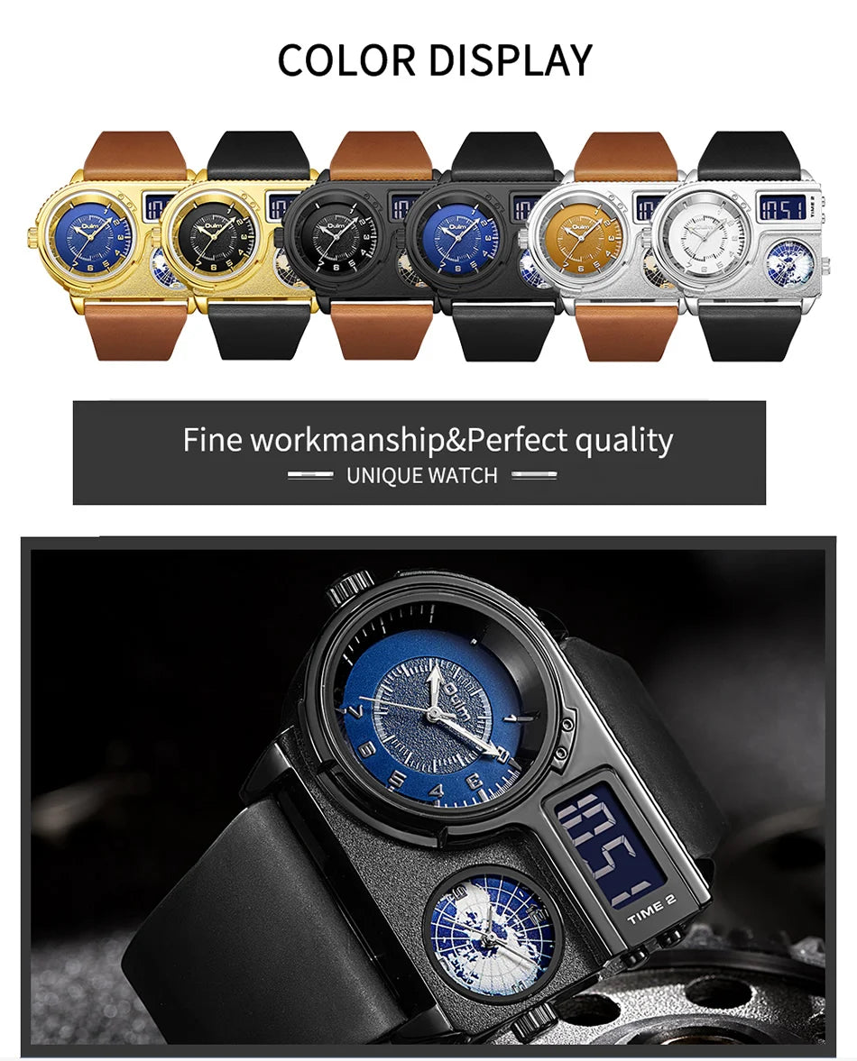 Oulm 5026 Watch Dual Display Two Time Zone Quartz Male Big Wristwatch Men's Genuine Leather Watches