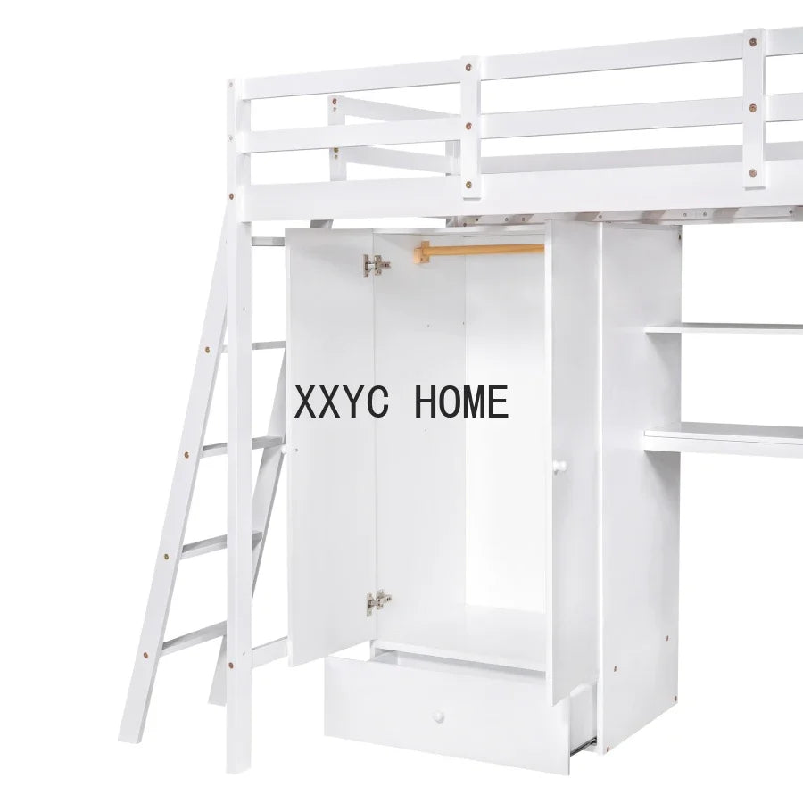 Cama tipo Loft para niños, mueble de tamaño doble con 1 armario y 7 cajones, escritorio adjunto con estantes, versátil,