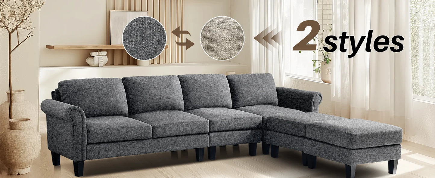 Redlife 108" Sectional Sofa w/ Chaise Living Room Sofa Convertible 4 Seat L-Shape Sofa Set Fabric Sectional Couch w/ Two Ottoman