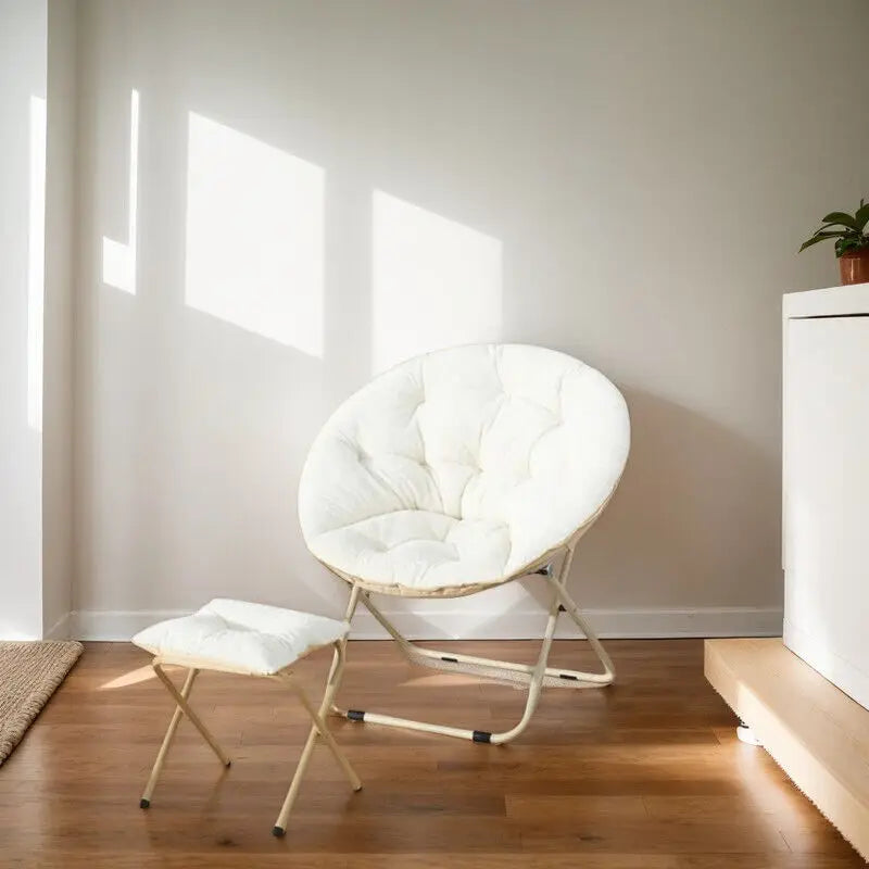 Comfortable Faux Fur Saucer Chair Round Folding Lounge Chair Living Room Flexible Seating for Adults Big Moon Shape Decorative