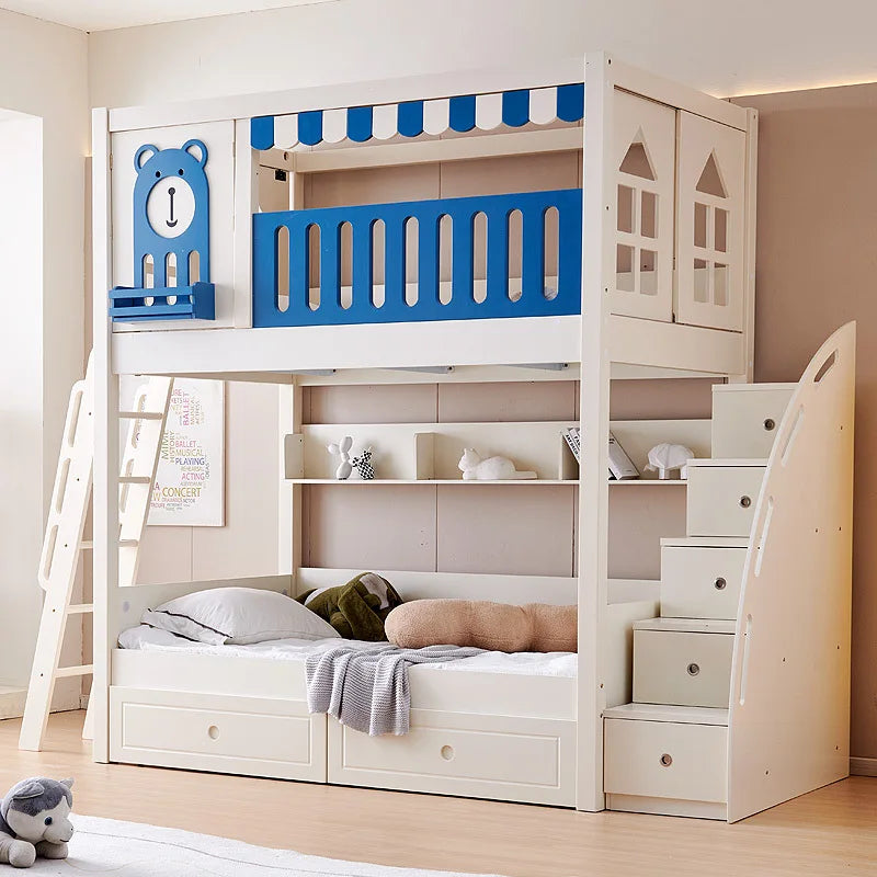 Children's bunk wooden bed Girl with wide and high guardrail with slide Small apartment Castle treehouse bed