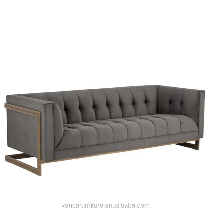 European Style modern Grey Velvet Hotel Living room U shape Sofa 2 seater with gold frame