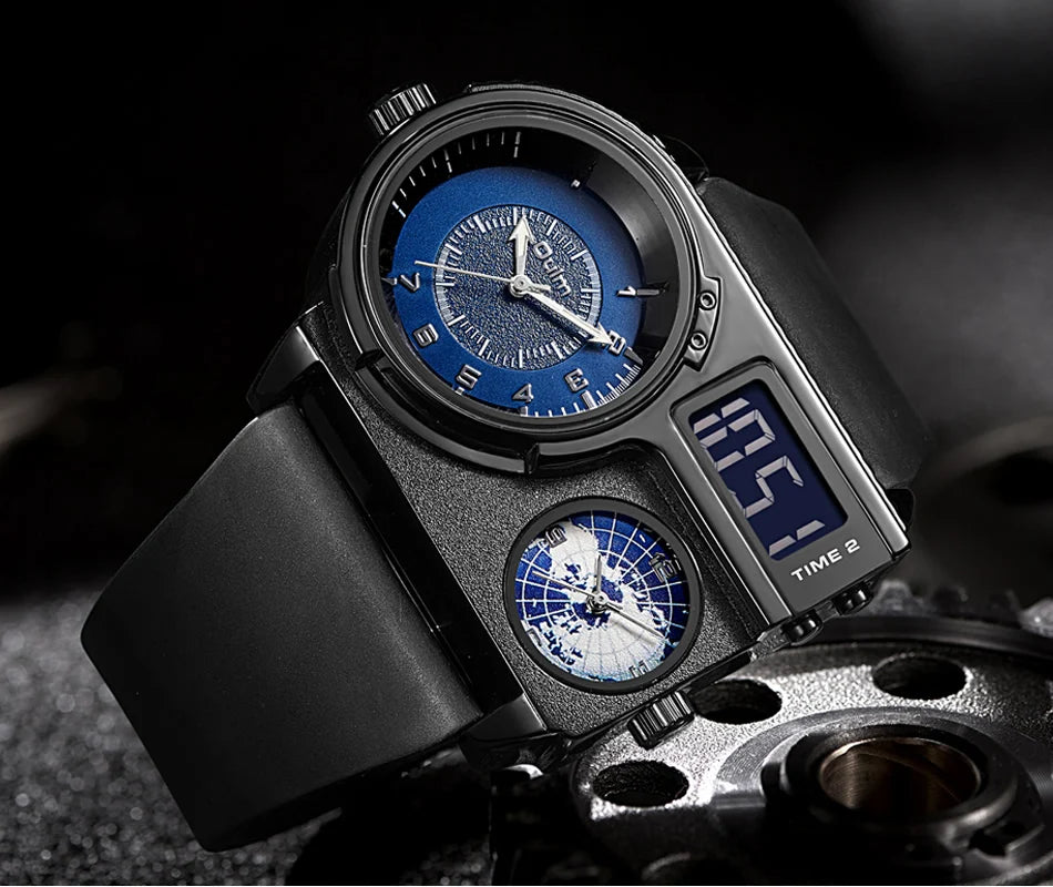 Oulm 5026 Watch Dual Display Two Time Zone Quartz Male Big Wristwatch Men's Genuine Leather Watches