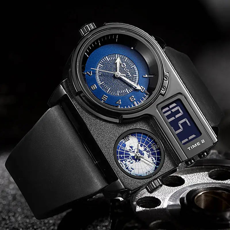 Oulm 5026 Watch Dual Display Two Time Zone Quartz Male Big Wristwatch Men's Genuine Leather Watches