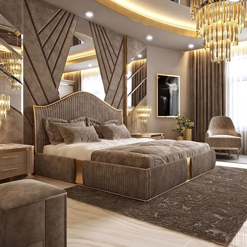 Unique Minimalist Double Bed Decoration Brown Pliable Wooden Double Bed Frame King Size Modern Cama Matrimonial Furniture Home