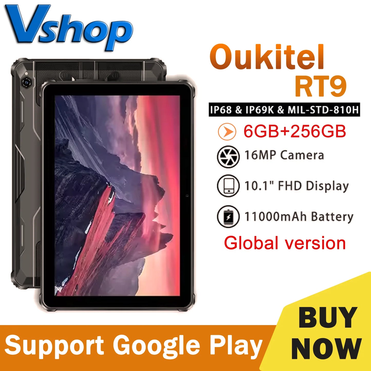 OUKITEL RT9 Rugged Tablet 6GB+256GB 10.1" HD Display Android 14 Unisoc T606 Octa-Core Support Dual SIM 11000mAh IP68 Tablet PC