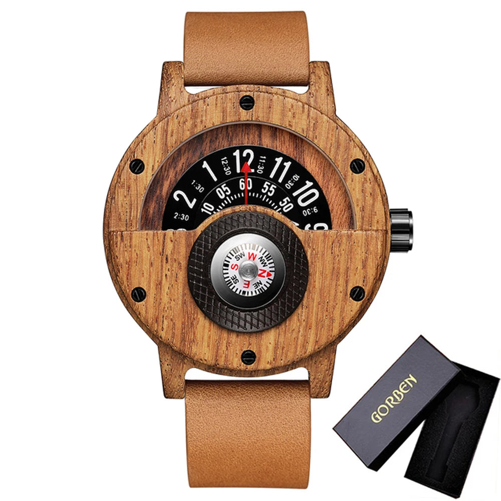 Fashion Wood Watch Men Turntable Compass Man Watch Vintage Wooden Watches Men's Male Wristwatch Clock Luxury relógio masculino