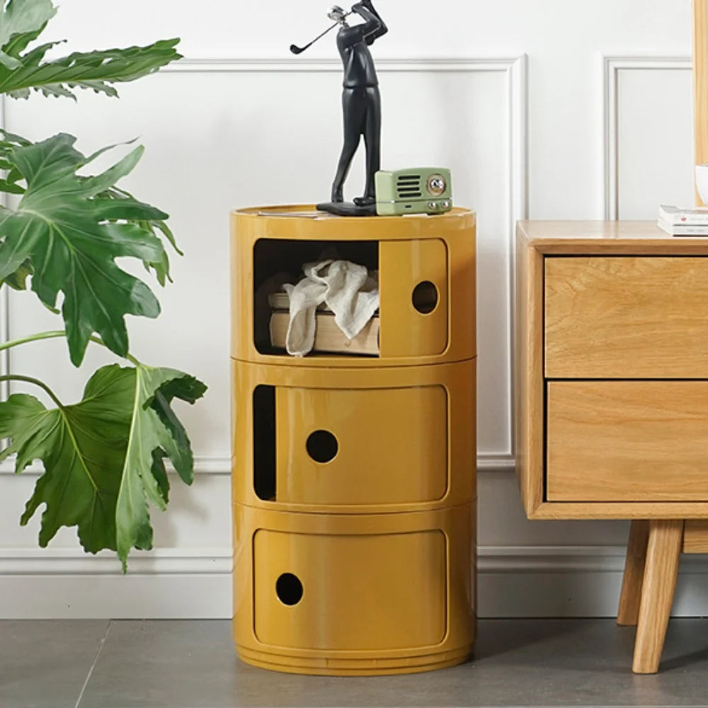 Round Cabinet with Sliding Doors - Multi-Tiered Round Storage Unit for Living Room Bedroom