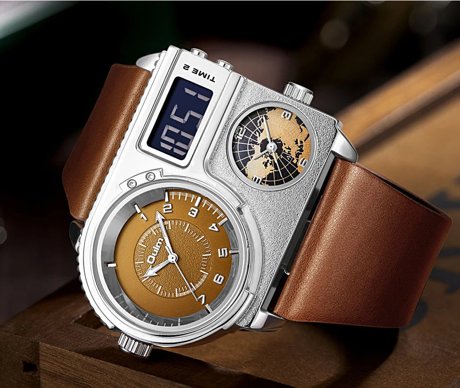 Oulm 5026 Watch Dual Display Two Time Zone Quartz Male Big Wristwatch Men's Genuine Leather Watches