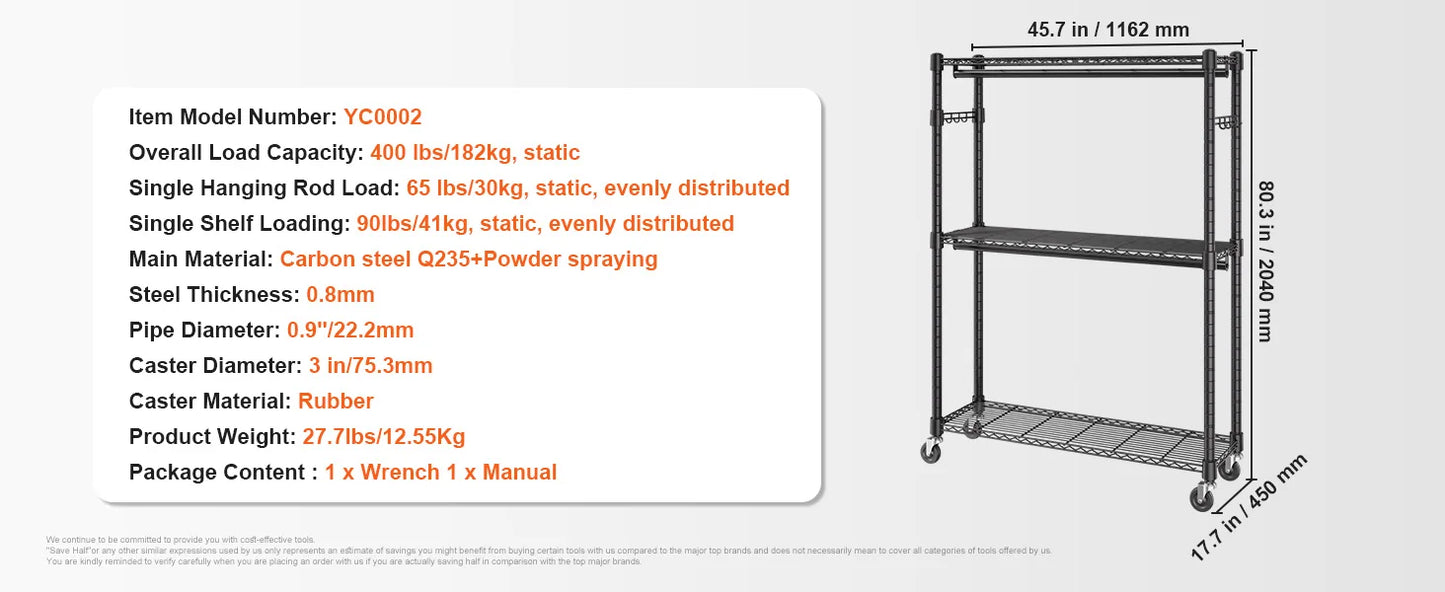 SucceBuy Clothing Garment Rack Heavy Duty Clothes Rack Adjustable Length Clothes Rack w/ Bottom Shelf & Wheels for Laundry Room
