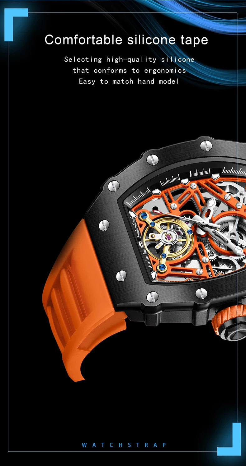 ONOLA 3854 Luxury Automatic Mechanical Silicone Watch Tourbillon Hollow Skeleton Men's Watches reloj automático de hombre