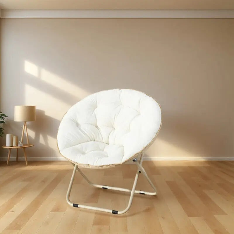 Comfortable Faux Fur Saucer Chair Round Folding Lounge Chair Living Room Flexible Seating for Adults Big Moon Shape Decorative
