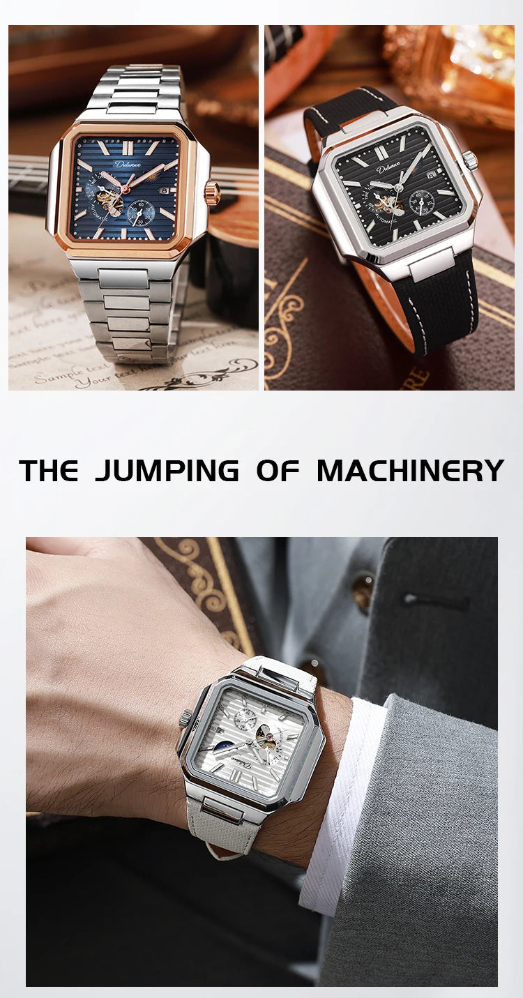 Dulunwe Fashion Men's Watch Automatic Mechanical Multi-function Small Dial Square Design 30M Waterproof Top Brand Wristwatches