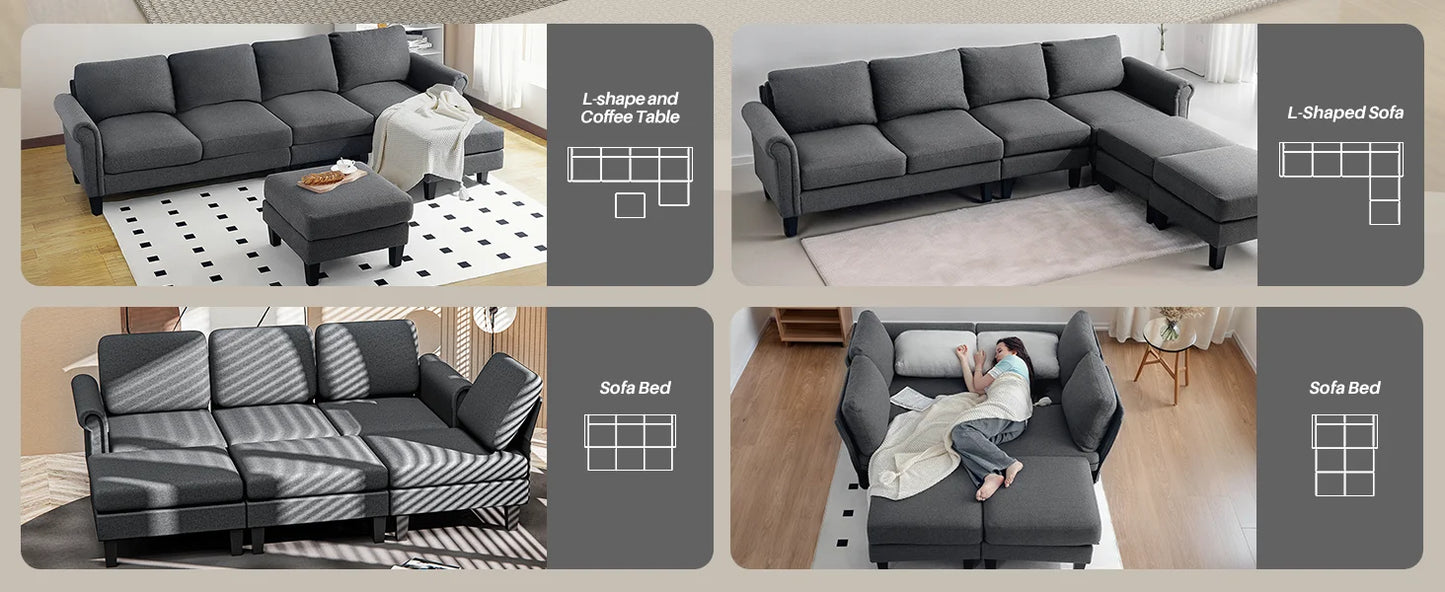 Redlife 108" Sectional Sofa w/ Chaise Living Room Sofa Convertible 4 Seat L-Shape Sofa Set Fabric Sectional Couch w/ Two Ottoman