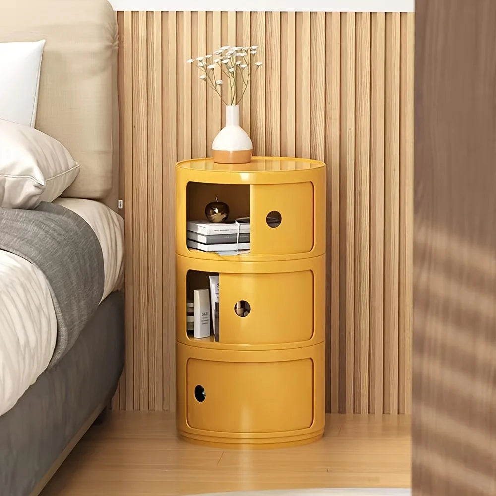 Round Cabinet with Sliding Doors - Multi-Tiered Round Storage Unit for Living Room Bedroom