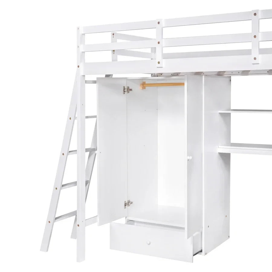 Cama tipo Loft para niños, mueble de tamaño doble con 1 armario y 7 cajones, escritorio adjunto con estantes, versátil,