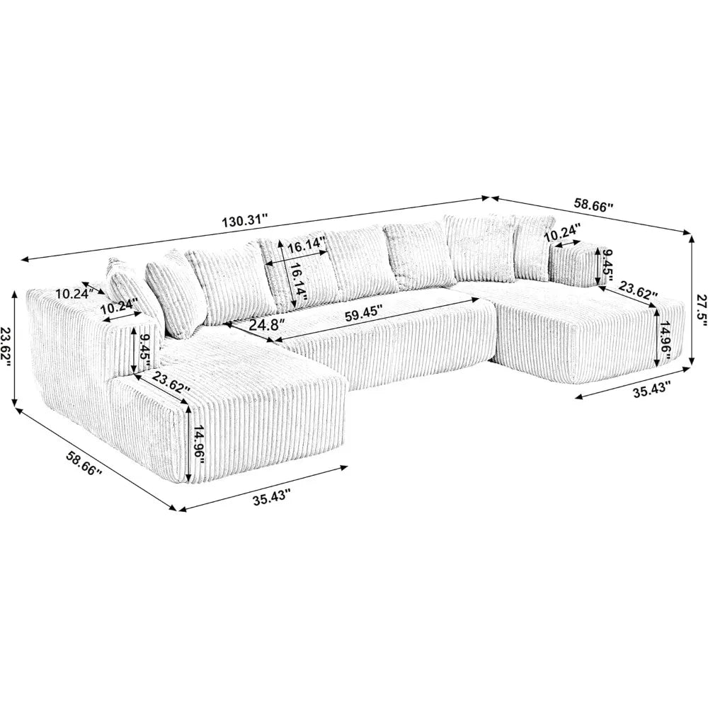 131'' Modular Sectional Couch, Modern U-Shaped Floor Sofa with Double Chaise Lounge, Comfy Corduroy Fabric Couch, Upholstered Co