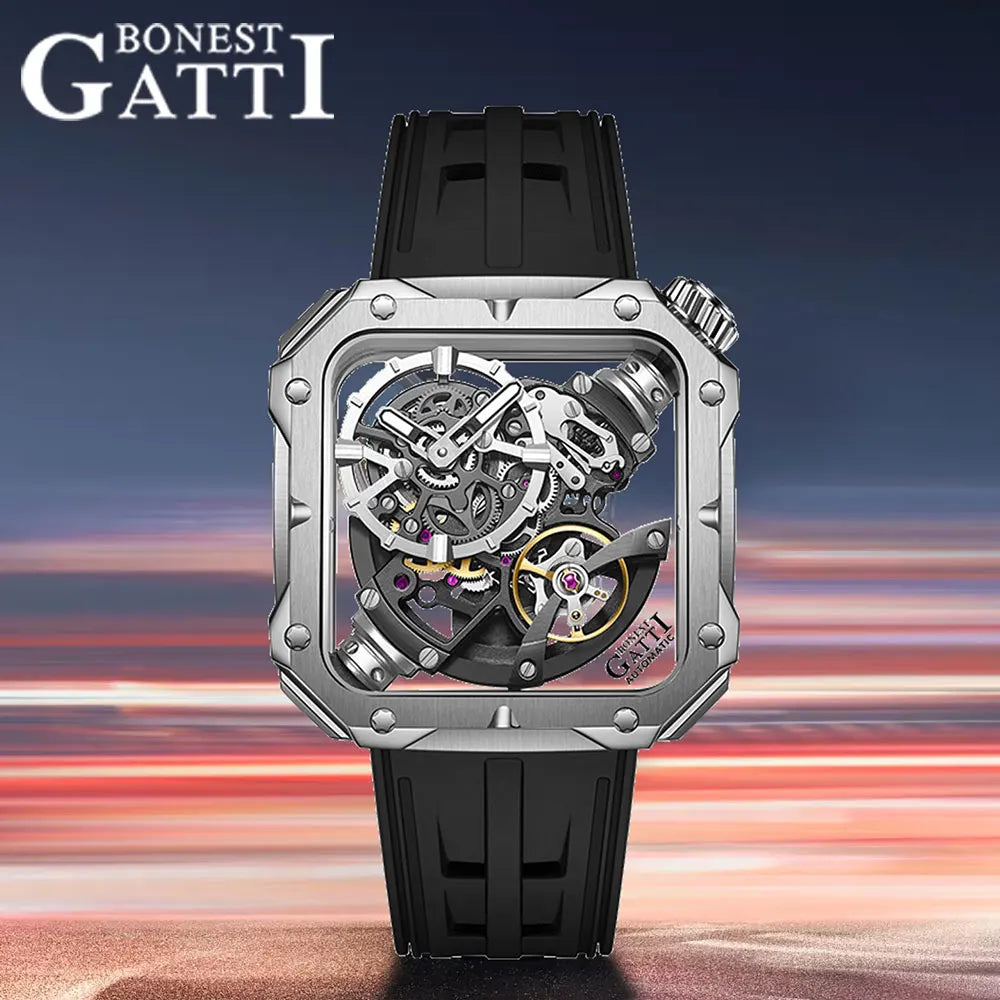 BONEST GATTI Men Automatic Watch 42mm Square Men Mechanical Wristwatch Sapphire Luminous Skeleton Dial Fluororubber Strap 2025