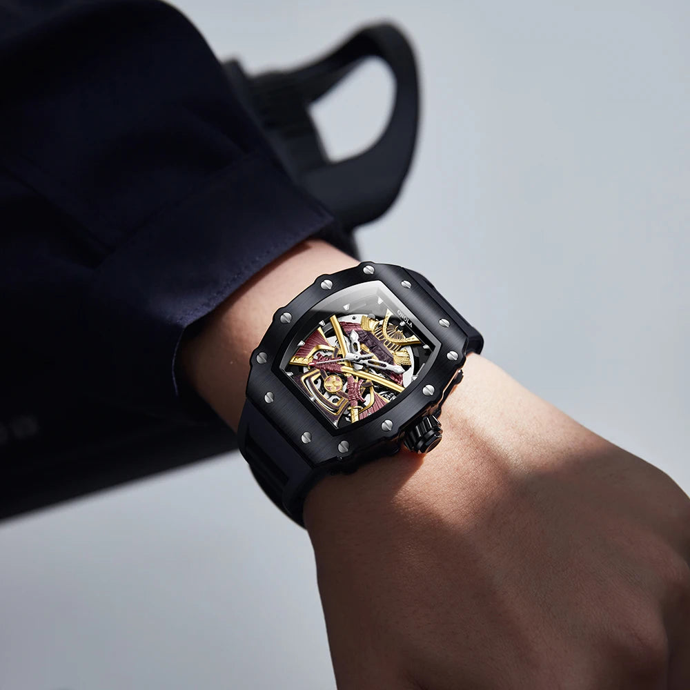 ONOLA 3865 Automatic Mechanical Tonneau Watch For Men Luxury Cool Watch Large Dial Silicone Men Watch reloj automático hombre