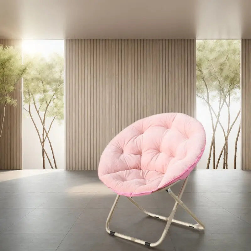 Comfortable Faux Fur Saucer Chair Round Folding Lounge Chair Living Room Flexible Seating for Adults Big Moon Shape Decorative