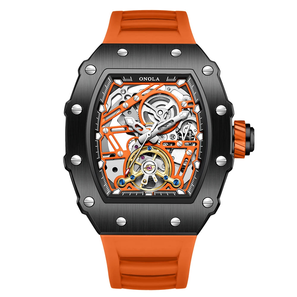 ONOLA 3854 Luxury Automatic Mechanical Silicone Watch Tourbillon Hollow Skeleton Men's Watches reloj automático de hombre