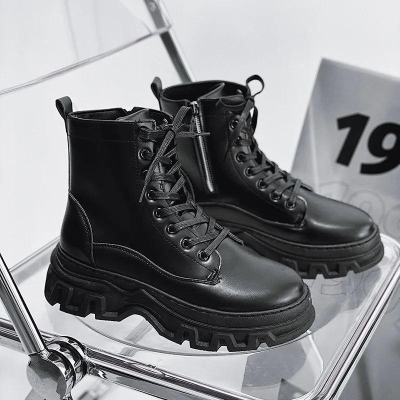 Leather England Black Men's Biker Boot Fashion Young Waterproof Trendy Boots Man Autumn Winter High Top Classic Basic Shoes