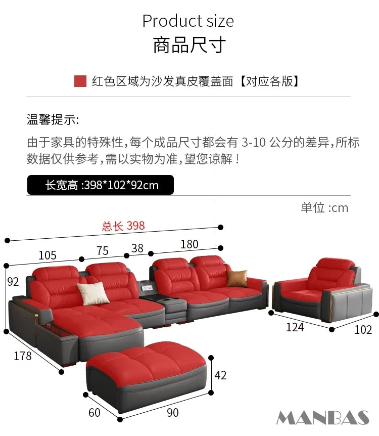Linlamlim Modern Genuine Leather Sectional Sofa Set with Chaise Lounge– Upholstered Modular Couch with USB and Bluetooth Speaker