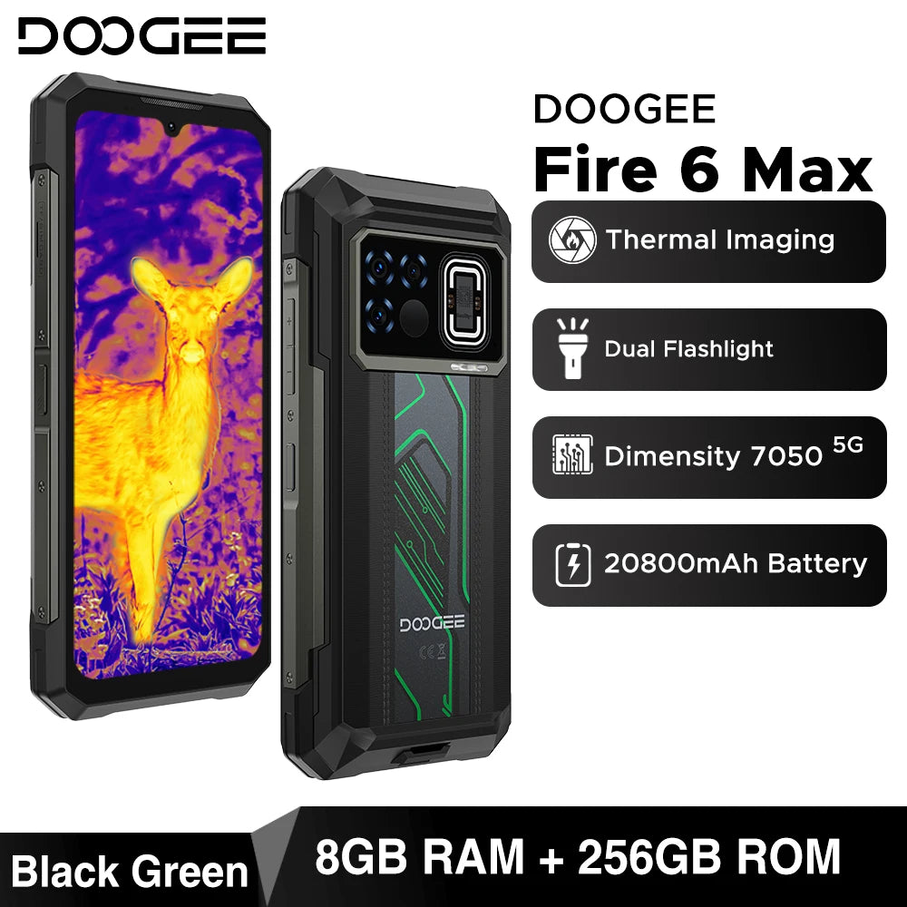 Global Version DOOGEE Fire 6 Max 5G Rugged Phone Thermal imaging 6.72" FHD+ 120Hz IPS Flashlight Dimensity 7050 20800mAh Battery