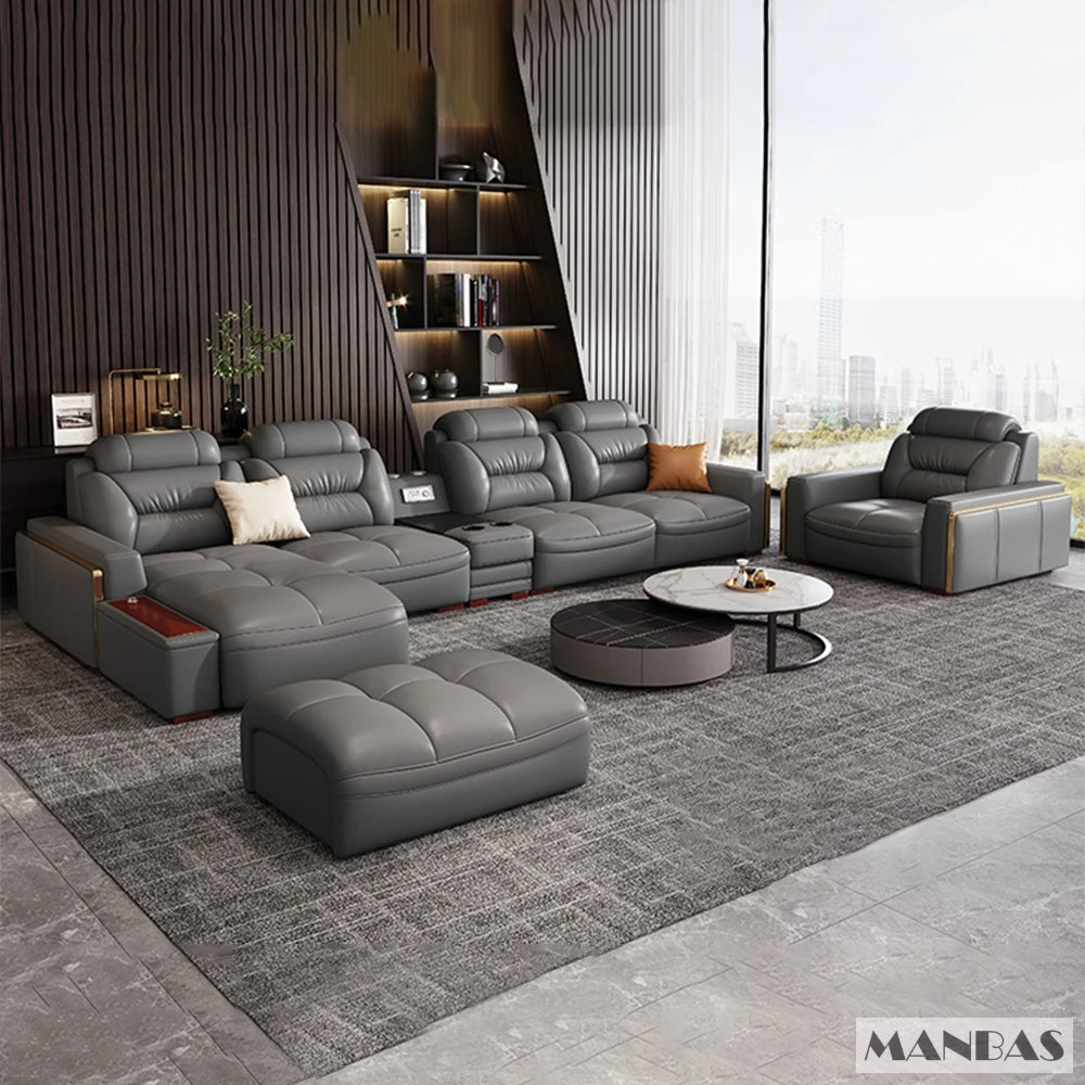 Linlamlim Modern Genuine Leather Sectional Sofa Set with Chaise Lounge– Upholstered Modular Couch with USB and Bluetooth Speaker