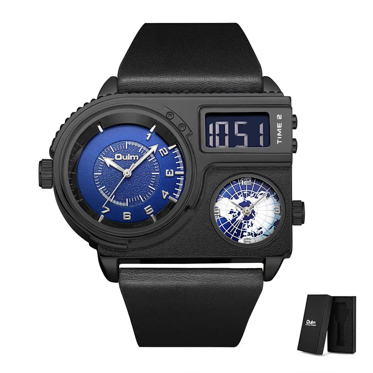 Oulm 5026 Watch Dual Display Two Time Zone Quartz Male Big Wristwatch Men's Genuine Leather Watches