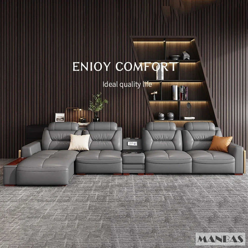 Linlamlim Modern Genuine Leather Sectional Sofa Set with Chaise Lounge– Upholstered Modular Couch with USB and Bluetooth Speaker