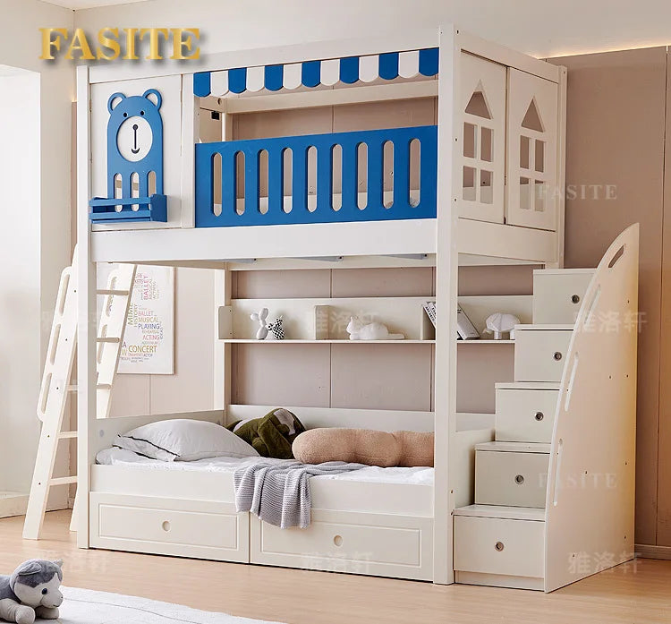 Children's bunk wooden bed Girl with wide and high guardrail with slide Small apartment Castle treehouse bed