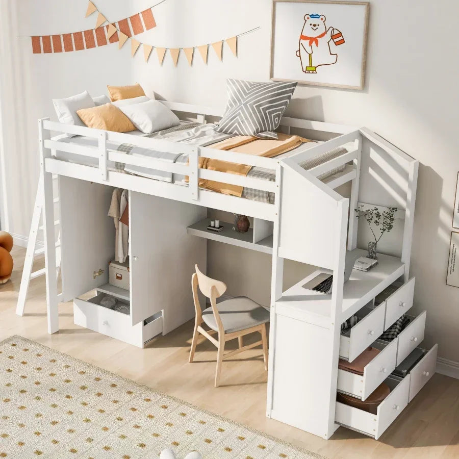 Cama tipo Loft para niños, mueble de tamaño doble con 1 armario y 7 cajones, escritorio adjunto con estantes, versátil,