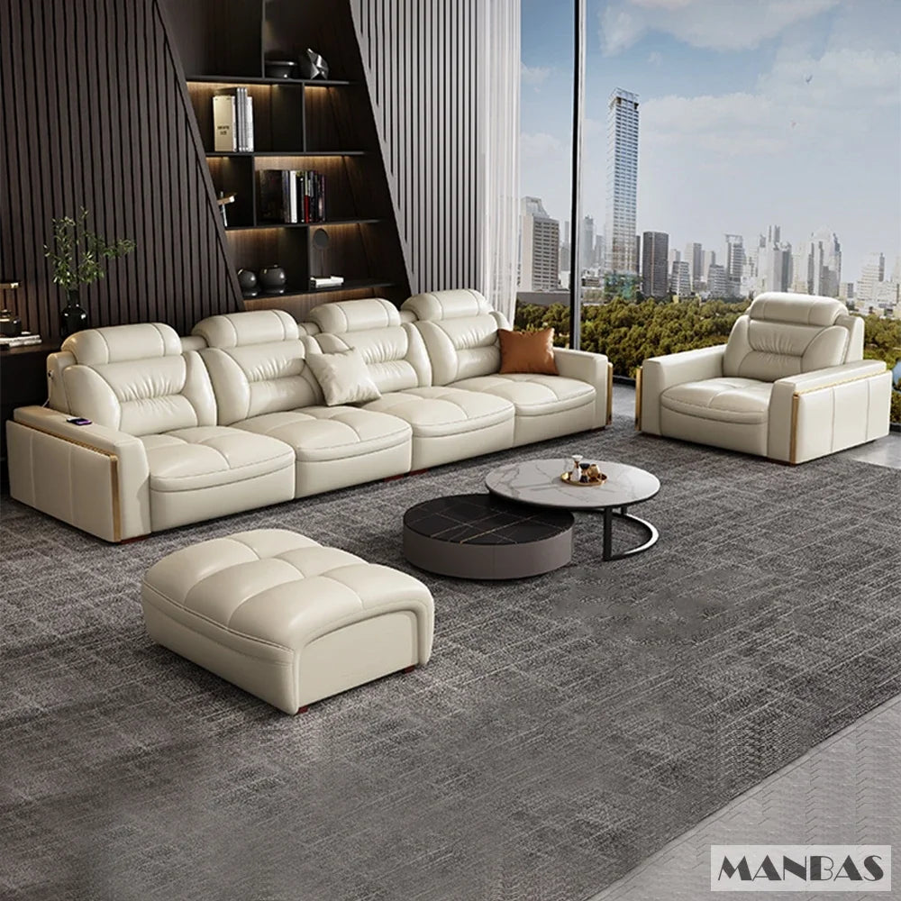 Linlamlim Modern Genuine Leather Sectional Sofa Set with Chaise Lounge– Upholstered Modular Couch with USB and Bluetooth Speaker